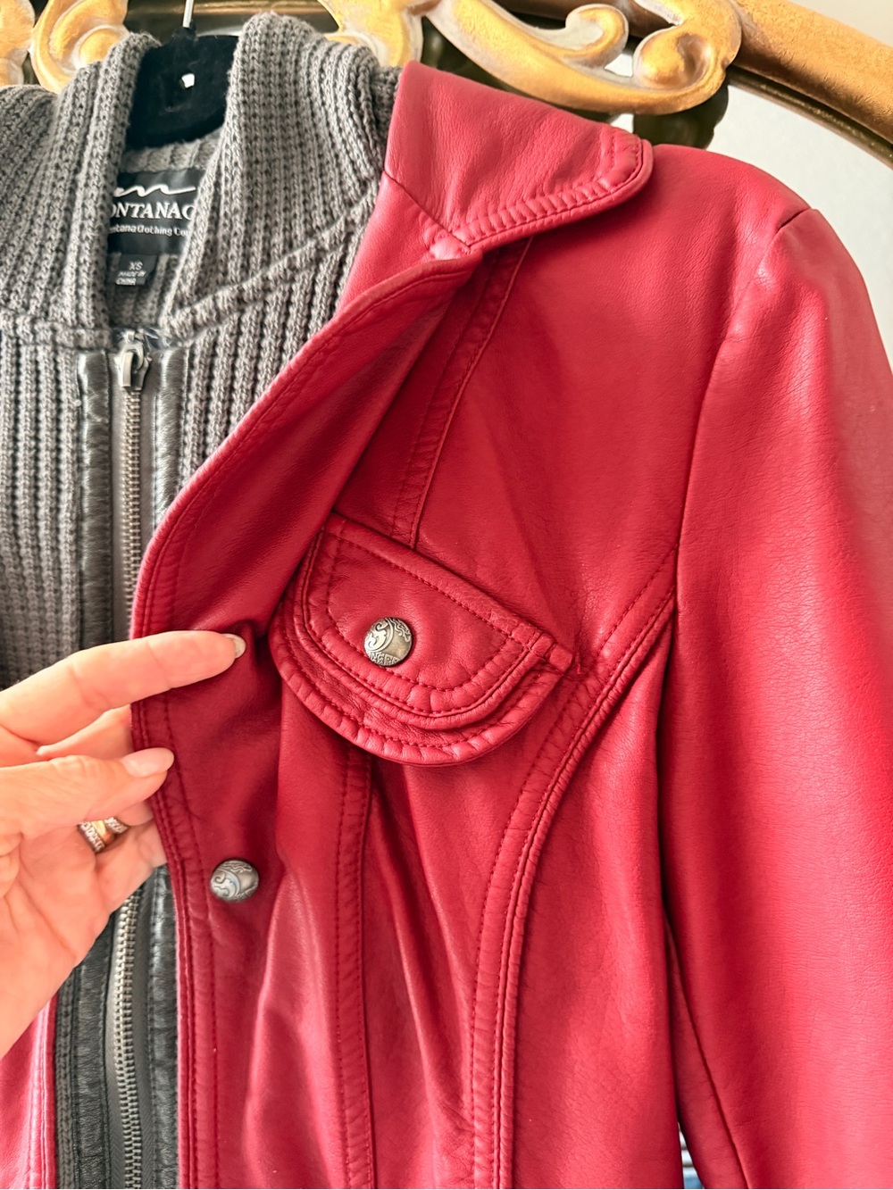 Deep Red Faux Leather Jacket with Knit Zip closure - Picture 3 of 6
